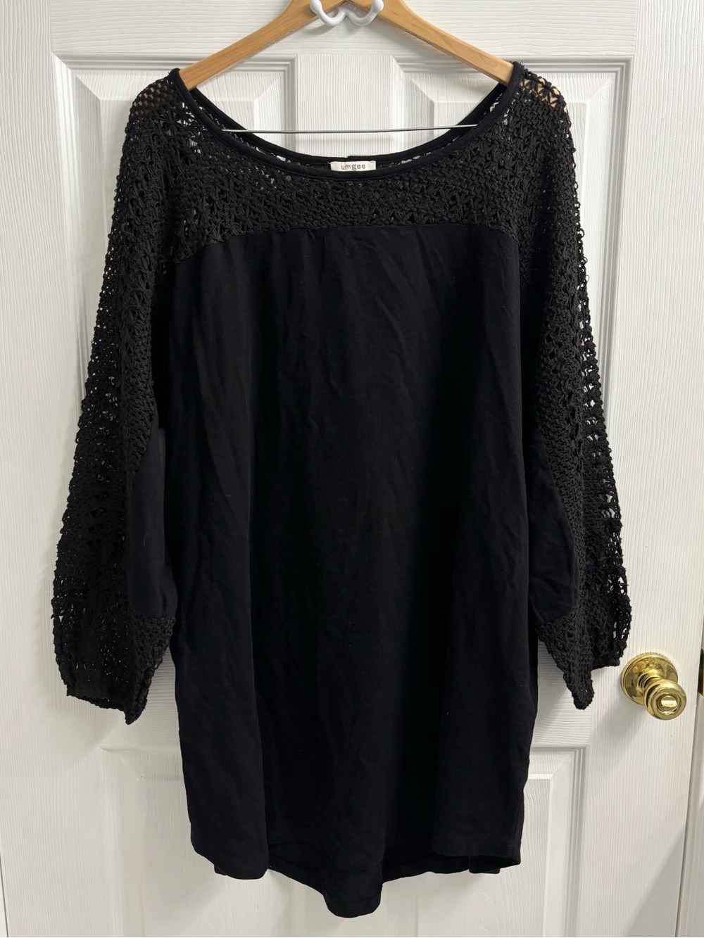 Umgee Crochet Long Sleeve Black Mini Dress Large Boho Flowy Loose Pockets
